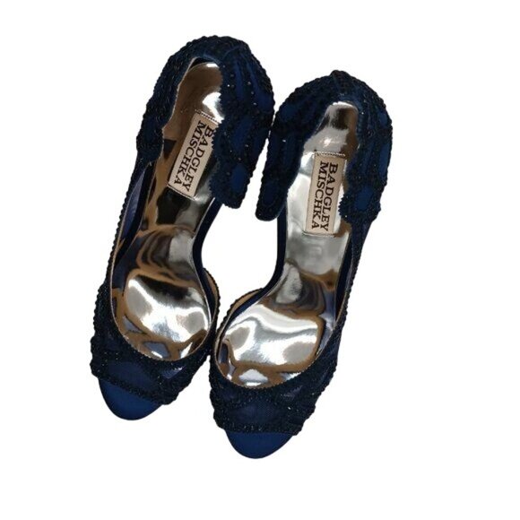NEW Badgley Mischka Marla Blue Satin Beaded‎ Embellished Heels Size 8.5 - Picture 6 of 14